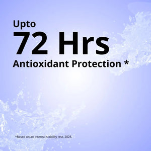 Text indicating 'Upto 72 Hrs Antioxidant Protection' on a light blue background with snowflake graphics.