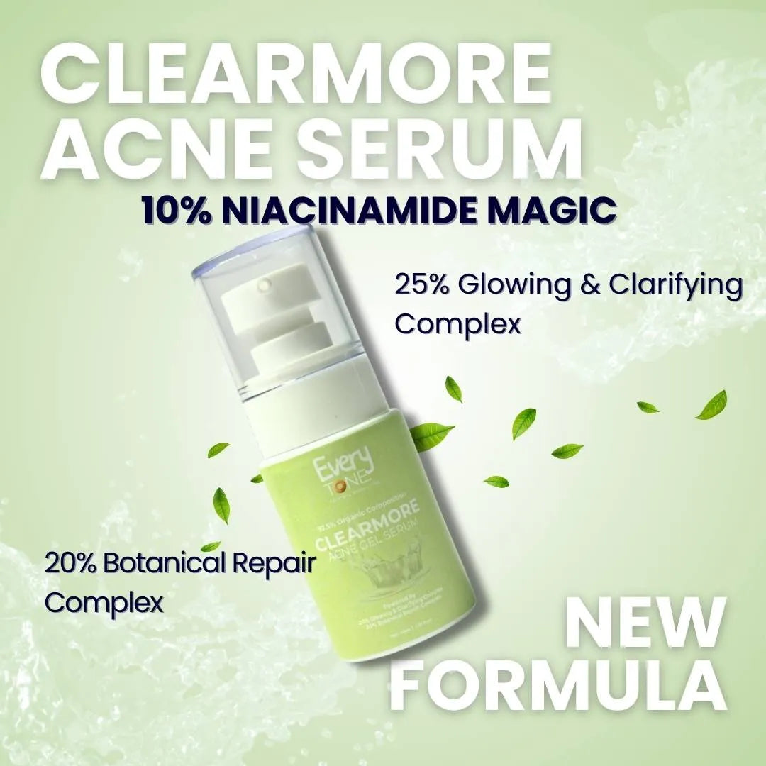 Clearmore Acne Serum bottle with product details on a light green background
