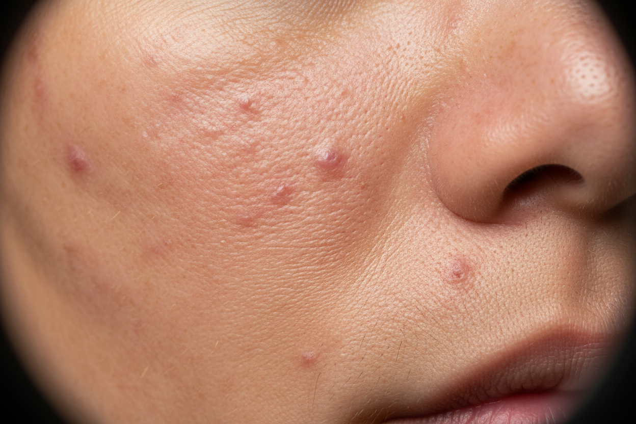 skin with brown pimple marks and oink pimple marks hyper realistic